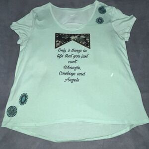 Womens Truhearts Mint Green Tee Shirt Thin Plus 2X Cant Wrangle Cowboys & Angels